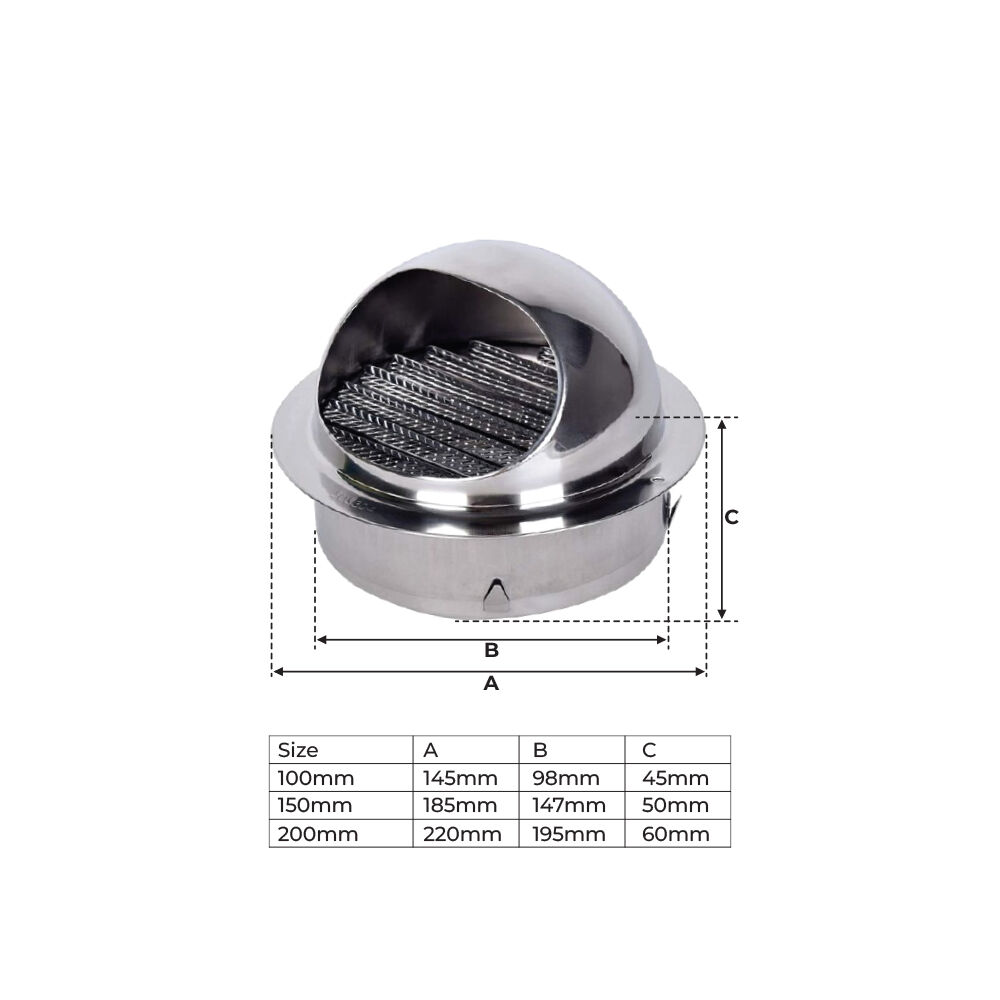 304 Stainless Steel External Wall Dome Grille / Vent - 100MM / 150MM / 200MM - Picture 8 of 8