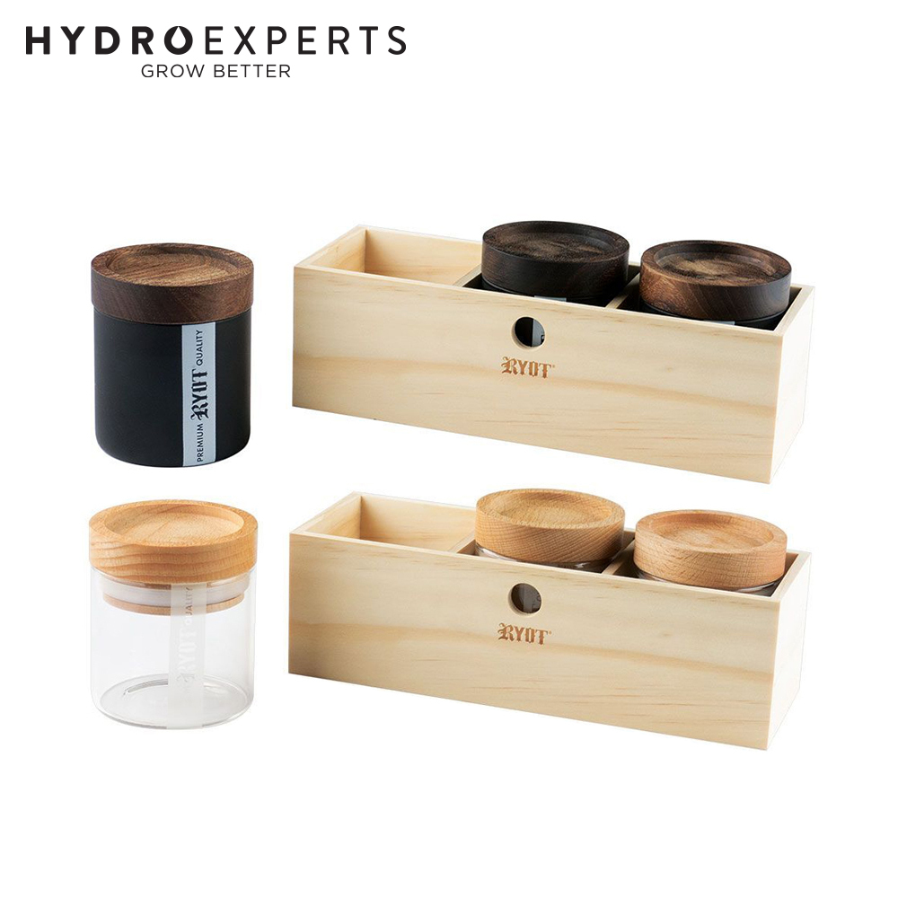 Ryot 3 Glass Jar Box - Beech / Walnut Lid | Storage Container | Hydro Experts