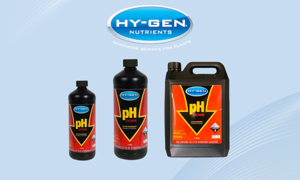 pH up, pH down, hydroponics Australia, phosphoric acid, potassium hydroxide, organic pH adjusters, hydroponic nutrients, hy-gen, ph down