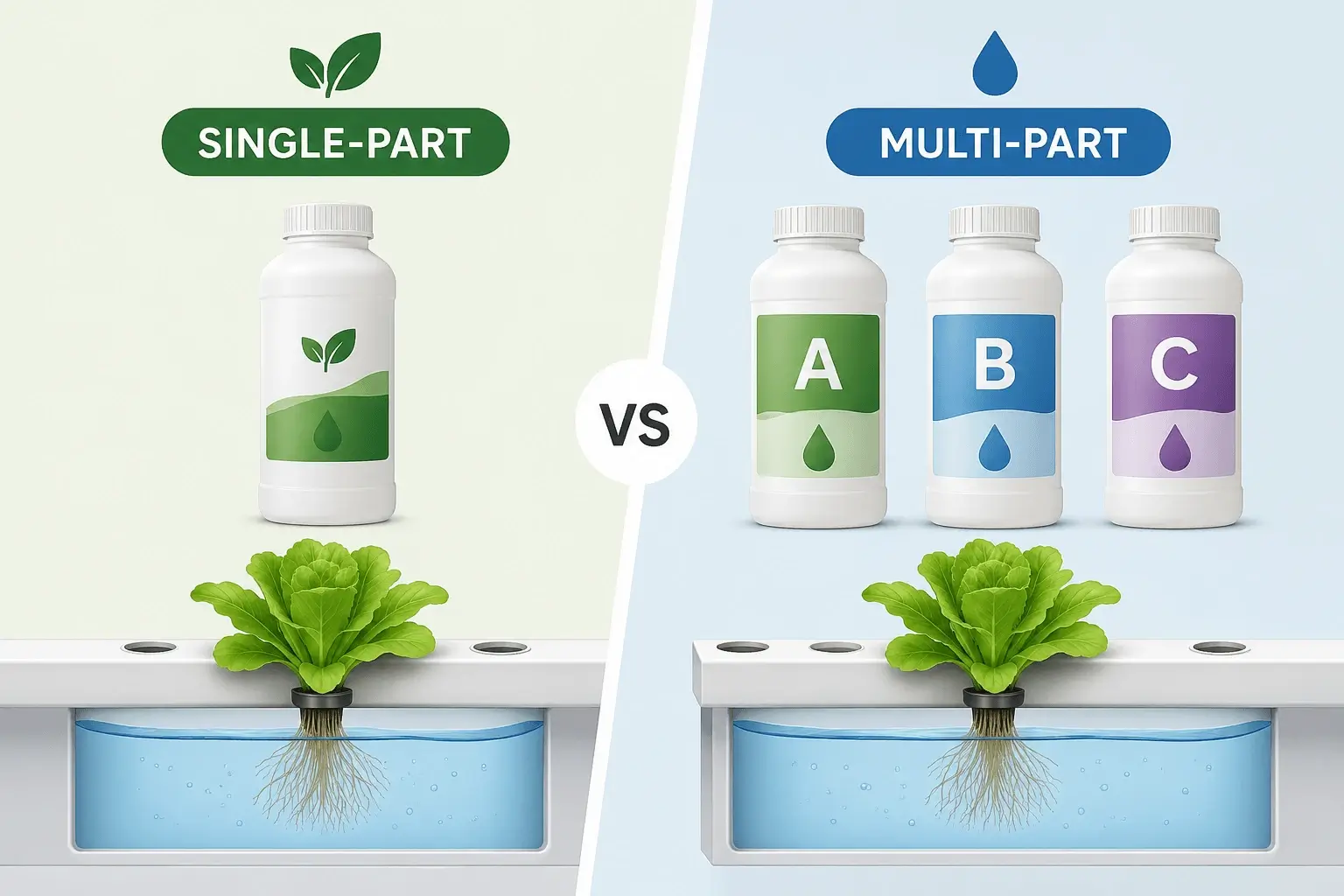 Single-part and multi-part hydroponic nutrients comparison guide for hydroponic farmers in Australia