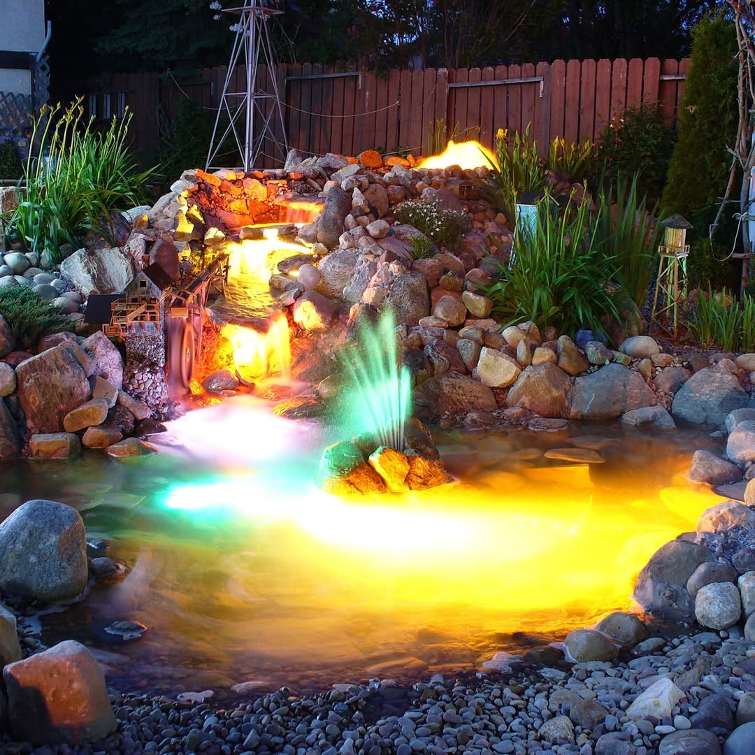pond lighting, pond lights, garden pond lights, underwater pond lighting, LED pond lights, outdoor water feature lighting, pond lighting ideas