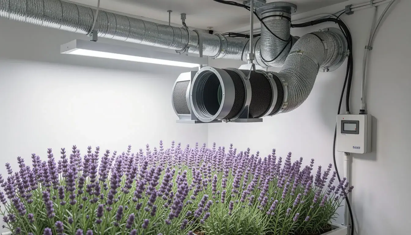 Grow room exhaust fan noise reduction with acoustic ducting and inline fan setup