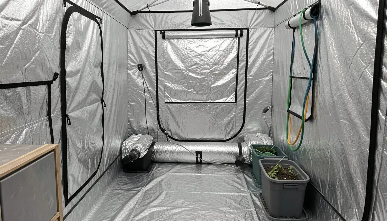 Grow tent climate control setup showing heater, fans, and humidity management equipment