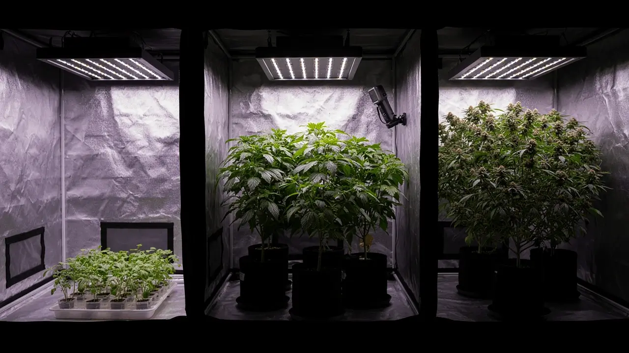 LED grow light hanging height adjustment over indoor hydroponic plant canopy at seedling vegetative and flowering stages