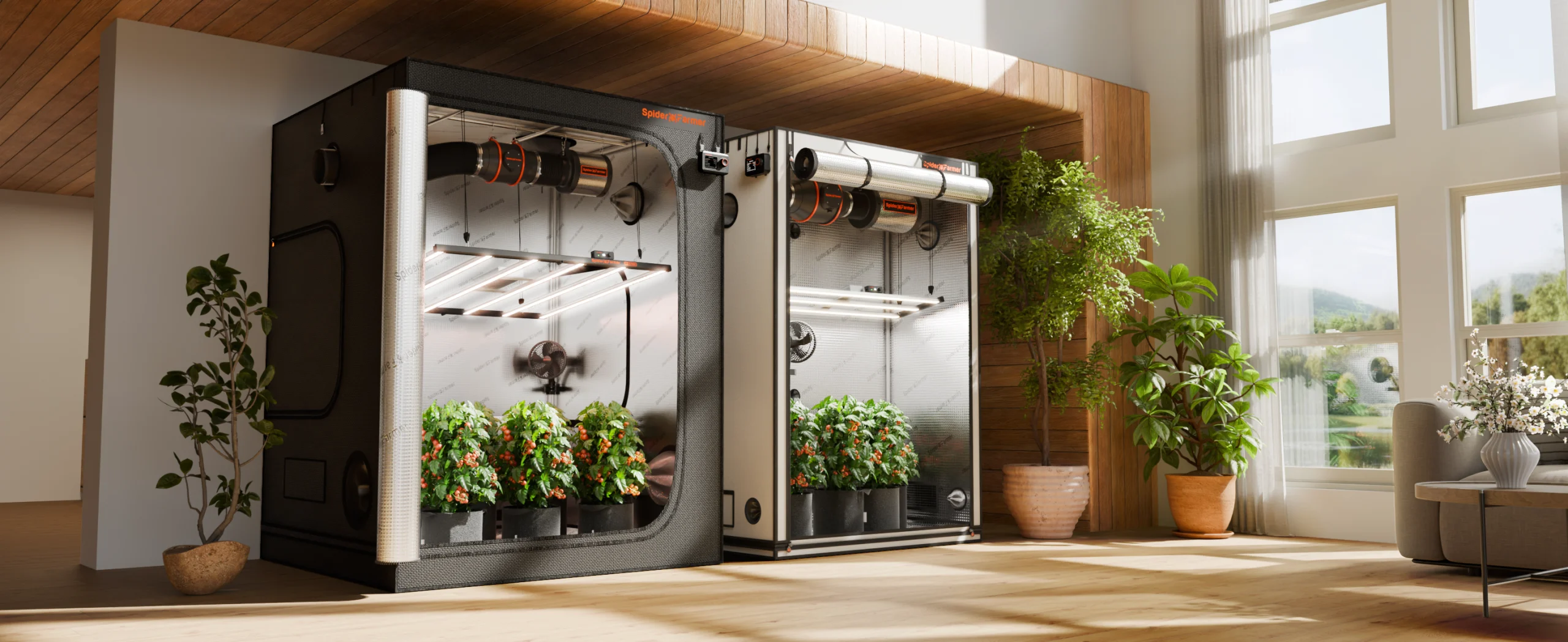 Grow tent climate control setup showing heater, fans, and humidity management equipment